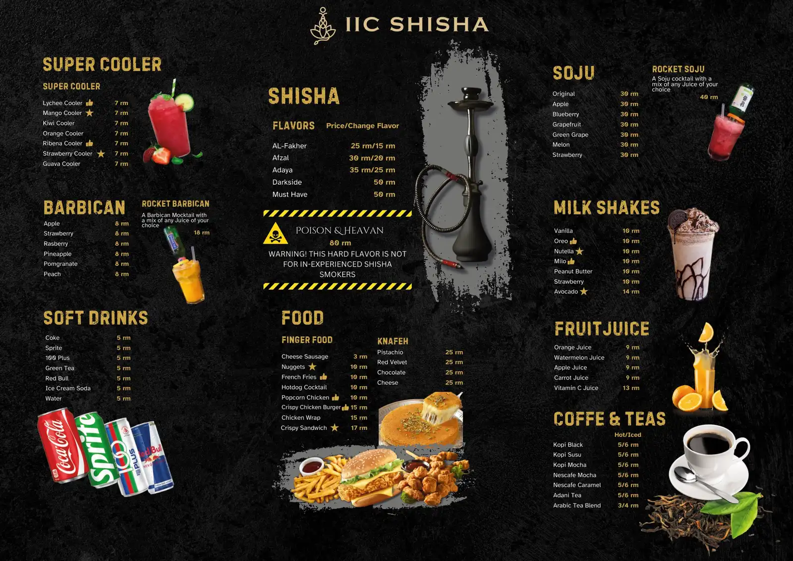 IIC Shisha's printed menu from 2024: shisha, super coolers, Barbican, soju, milkshakes, fresh juice, soft drinks, coffee and tea, finger food and knafeh, with prices in RM.